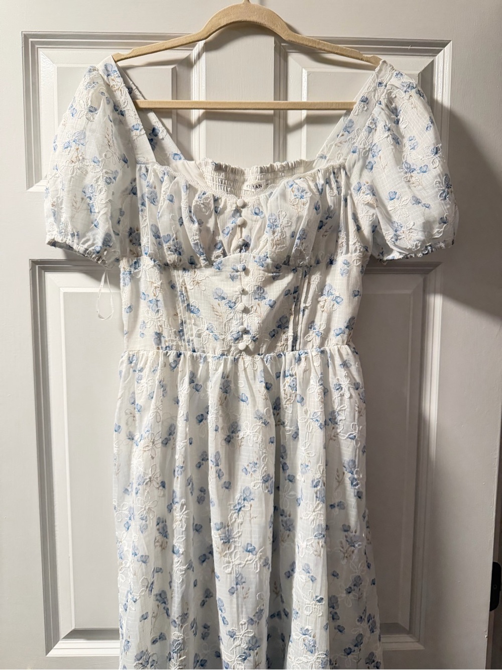 White Midi Dress with Blue Floral Print and Puff Sleeves- run small